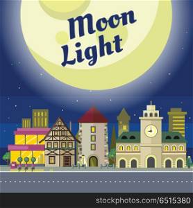 Moon Light. Urban City Illustration at Night Time.. Moon light. Urban city illustration at night time. Building with clock. Architecture in unusual fashionable design. Modern town with extraordinary buildings. Metropolis panorama. Vector in flat style