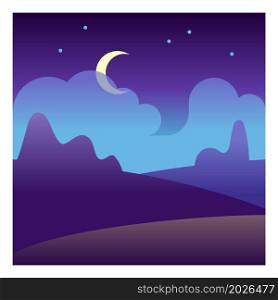 Moon night in countryside. Dark cloud sky. Hill landscape in moonlight. Vector illustration. Moon night in countryside. Dark cloud sky. Hill landscape in moonlight
