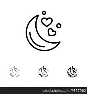 Moon, Night, Love, Romantic Night,  Bold and thin black line icon set