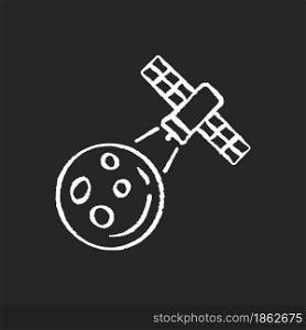Moon observation process chalk white icon on dark background. Lunar surface research mission. Moon influence on Earth investigation perfomance. Isolated vector chalkboard illustration on black. Moon observation process chalk white icon on dark background