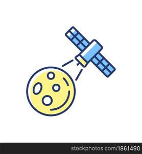 Moon observation process yellow RGB color icon. Lunar surface research mission by artifial satelite. Thin line customizable illustration. Isolated vector illustration. Simple filled line drawing. Moon observation process yellow RGB color icon