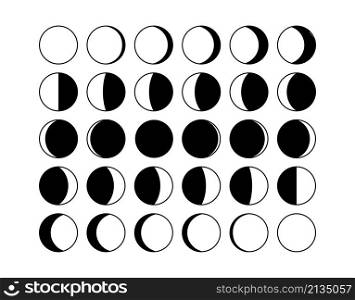 Moon phase. Half shape lunar cycle, Moon silhouette calendar concept, crescent and eclipse cosmos symbols. Vector illustrations set images phasing moons. Moon phase. Half shape lunar cycle, Moon silhouette calendar concept, crescent and eclipse cosmos symbols. Vector set