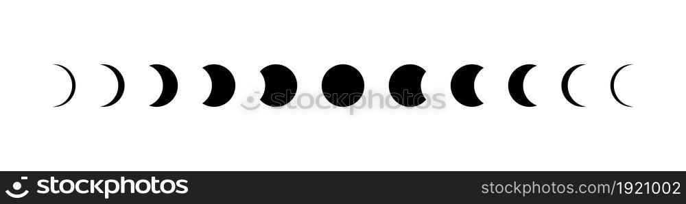 Moon phase. Icon of lunar cycle. stage of moon. Phase of eclipse of sun. Shape of full, half, crescent and quarter of star. Astronomy calendar. Black logo on white background. Symbol of planet. Vector. Moon phase. Icon of lunar cycle. stage of moon. Phase of eclipse of sun. Shape of full, half, crescent, quarter of star. Astronomy calendar. Black logo on white background. Symbol of planet. Vector.