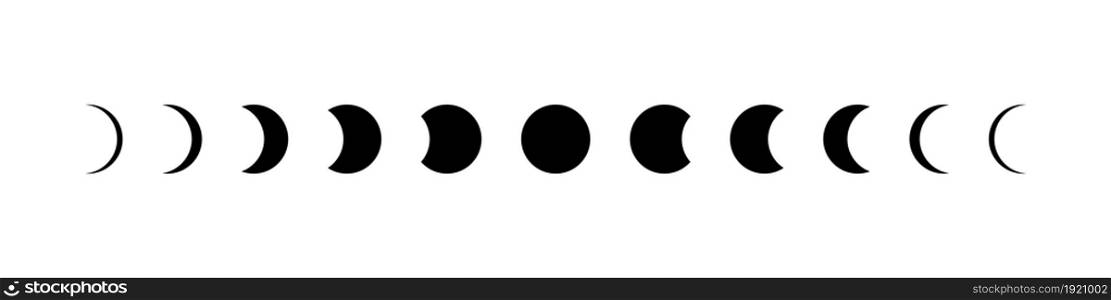 Moon phase. Icon of lunar cycle. stage of moon. Phase of eclipse of sun. Shape of full, half, crescent and quarter of star. Astronomy calendar. Black logo on white background. Symbol of planet. Vector. Moon phase. Icon of lunar cycle. stage of moon. Phase of eclipse of sun. Shape of full, half, crescent, quarter of star. Astronomy calendar. Black logo on white background. Symbol of planet. Vector.
