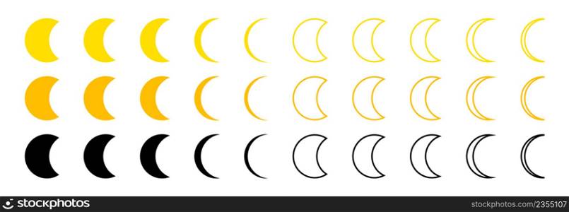 Moon phase icons. Outline crescents. Line moons. Black, orange and yellow crescents. Calendar cycle. Half and full shape. Vector.