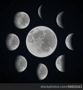 Moon phase set. Moon phases set on dark space background with stars realistic vector illustration