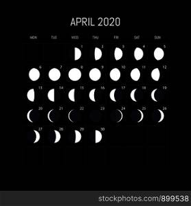 Moon phases calendar for 2020 year. April. Night background design. Vector illustration