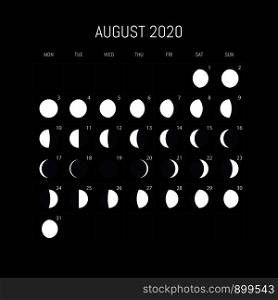 Moon phases calendar for 2020 year. August. Night background design. Vector illustration