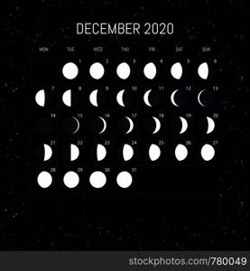 Moon phases calendar for 2020 year. December. Night background design. Vector illustration