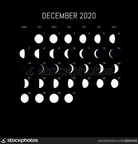 Moon phases calendar for 2020 year. December. Night background design. Vector illustration