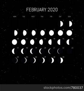 Moon phases calendar for 2020 year. February. Night background design. Vector illustration