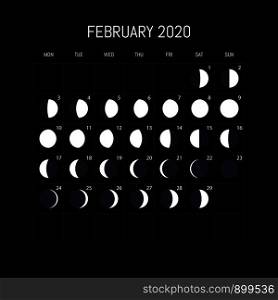 Moon phases calendar for 2020 year. February. Night background design. Vector illustration