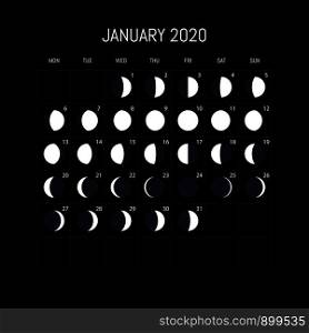 Moon phases calendar for 2020 year. January. Night background design. Vector illustration