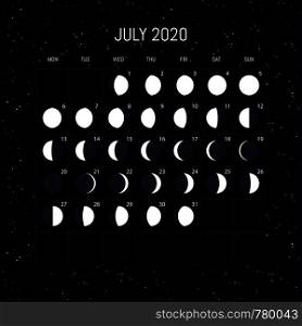 Moon phases calendar for 2020 year. July. Night background design. Vector illustration