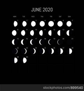 Moon phases calendar for 2020 year. June. Night background design. Vector illustration