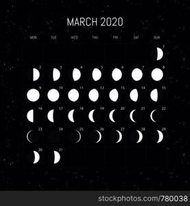 Moon phases calendar for 2020 year. March. Night background design. Vector illustration
