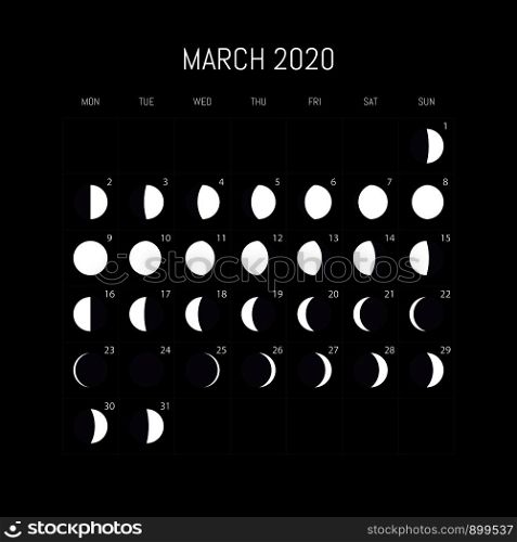 Moon phases calendar for 2020 year. March. Night background design. Vector illustration