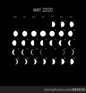 Moon phases calendar for 2020 year. May. Night background design. Vector illustration