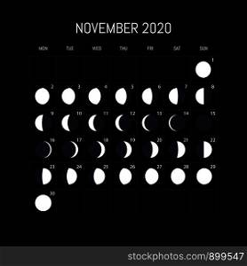 Moon phases calendar for 2020 year. November. Night background design. Vector illustration