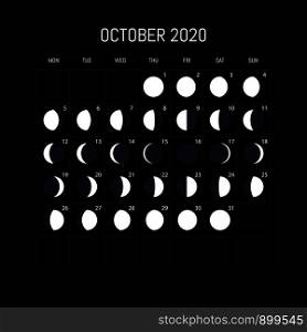 Moon phases calendar for 2020 year. October. Night background design. Vector illustration