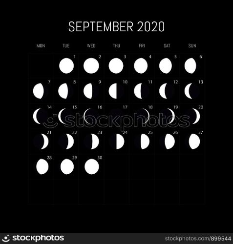 Moon phases calendar for 2020 year. September. Night background design. Vector illustration