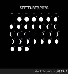 Moon phases calendar for 2020 year. September. Night background design. Vector illustration