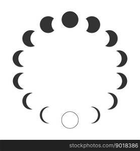 Moon phases. Calendar lunar cycle. Waning and waxing Moon silhouettes isolated on white background. Round shapes of Luna celestial object. Astrology concept. Vector graphic illustration. Moon phases. Calendar lunar cycle. Waning and waxing Moon silhouettes isolated on white background. Round shapes of Luna celestial object