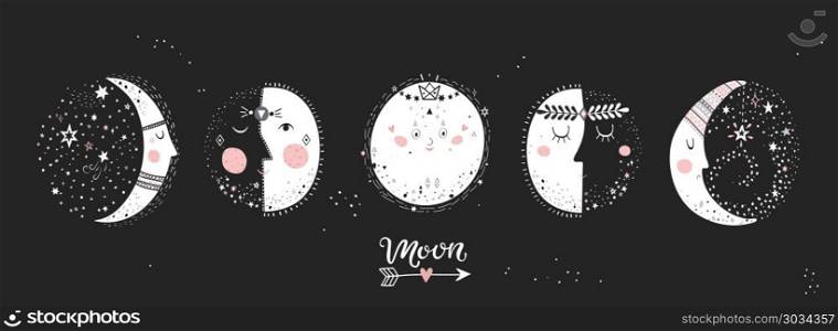 Moon phases, characters image on black background. Hand drawn vector illustration of cycle from new to full moon.Vector illustration.. 5 stages of the moon.. 5 stages of the moon.