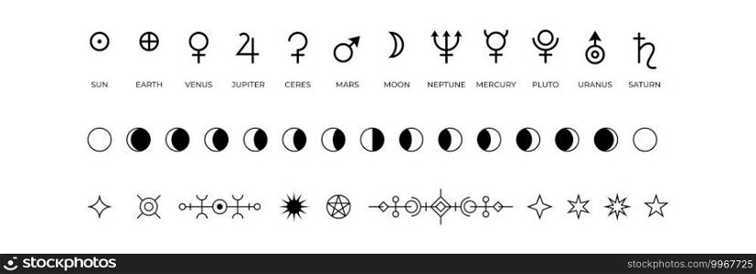 Moon phases icons. Black and white symbols of solar system planets or lunar cycle. Monochrome mystic occult outline isolated signs. Antique space objects names. Vector astrological silhouettes set. Moon phases icons. Black and white symbols of solar system planets or lunar cycle. Monochrome occult outline signs. Antique space objects names. Vector astrological silhouettes set