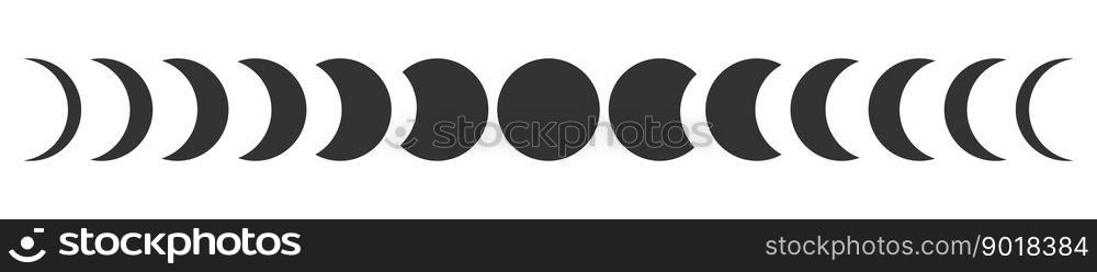 Moon phases. Lunar calendar cycle. New, quarter, half and full Luna sphere silhouettes isolated on white background. Astrology sings. Mystic symbols. Vector graphic illustration. Moon phases. Lunar calendar cycle. New, quarter, half and full Luna sphere silhouettes isolated on white background. Astrology sings. Mystic symbols