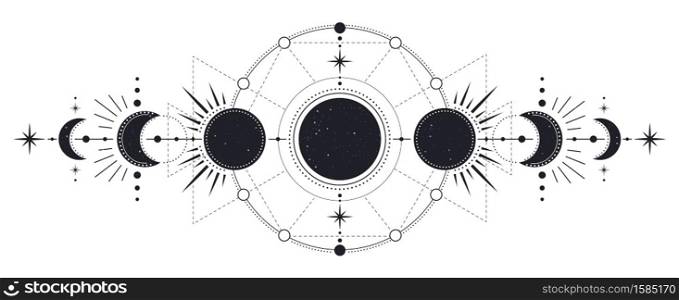 Moon phases. Mysterious moonlight activity stages, hand drawn sacred geometry moon, magic astrology symbols, phases of moon vector illustration. Mystic lunar phases for tattoo drawing. Moon phases. Mysterious moonlight activity stages, hand drawn sacred geometry moon, magic astrology symbols, phases of moon vector illustration