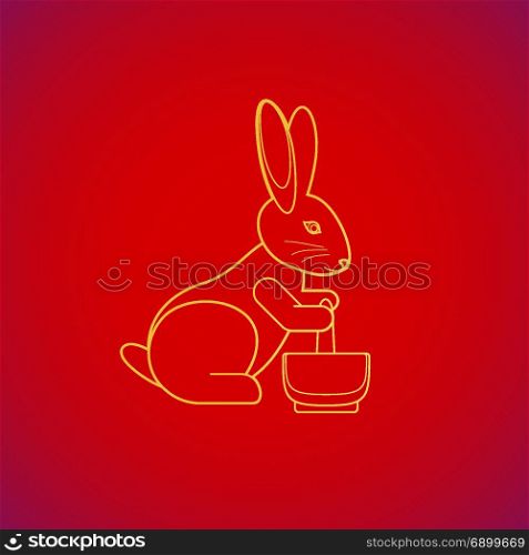 moon rabbit with immortality elixir. vector gold color traditional Chinese moon rabbit pounding the elixir of life yellow contour illustration design on red background