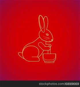 moon rabbit with immortality elixir. vector gold color traditional Chinese moon rabbit pounding the elixir of life yellow contour illustration design on red background