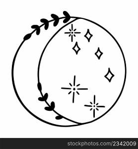 Moon with twig of a plant. Magic sign. Vector doodle illustration.