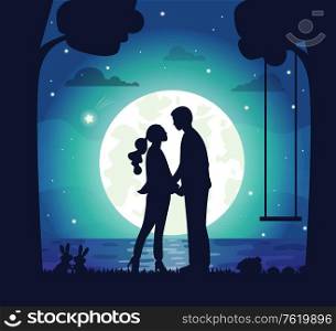 Moonlight and romantic atmosphere vector, man and woman on secret date, moon and stars, trees and lake, rabbits and forest animals with swings flat style. Night dating. Secret Date of Couple, Man and Woman at Night