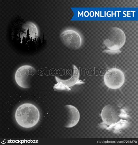 Moonlight set with moon phases with clouds on transparent background vector illustration. Moonlight transparent set