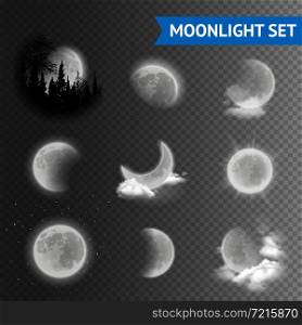 Moonlight set with moon phases with clouds on transparent background vector illustration. Moonlight transparent set