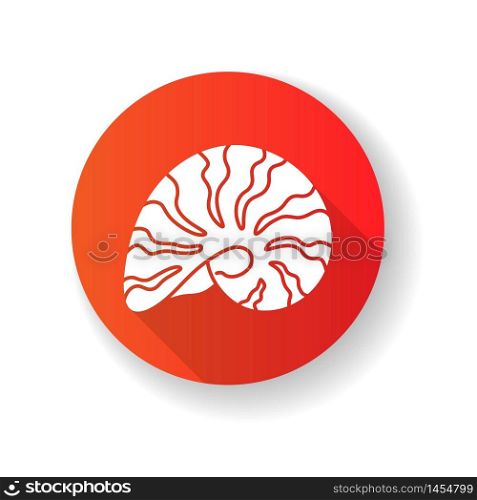 Moonshell red flat design long shadow glyph icon. Common cockleshell, conchology Naticarius canrena. Cephalopod shell, molluscan shell, spiral snail conch silhouette RGB color illustration. Moonshell red flat design long shadow glyph icon