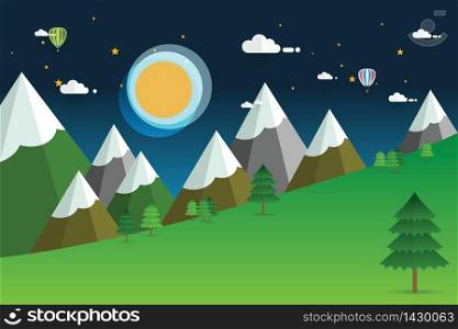 moonshine night in the mountains. Summer or spring landscape, vector background. Green meadows, pine forest, mountains and sun on blue sky. Flat style illustration of nature.
