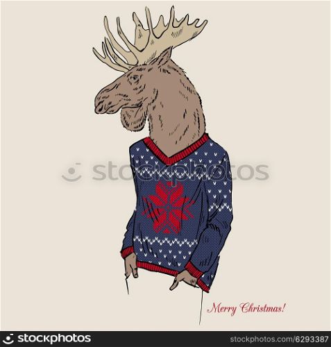 Moose dressed up in jacquard pullover, Merry Christmas