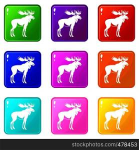 Moose icons of 9 color set isolated vector illustration. Moose set 9