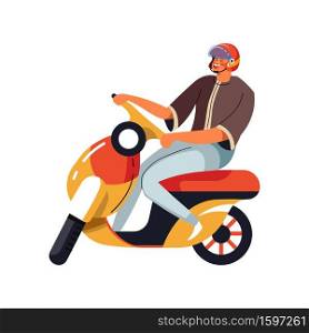 Moped and man in helmet, guy riding scooter isolated icon vector. Male character driving vehicle or motorbike, city transport and transportation. Driver and electric bike, eco friendly riding. Man in helmet on moped, isolated character riding scooter