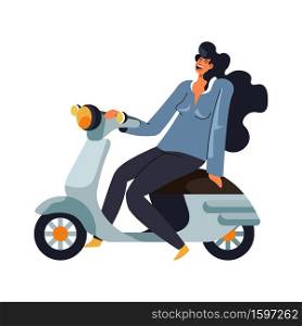 Moped and woman, girl riding scooter isolated icon vector. Female character driving vehicle or motorbike, city transport and transportation. Driver and electric bike, eco friendly riding or travel. Woman on moped or scooter, girl riding motorbike, isolated character