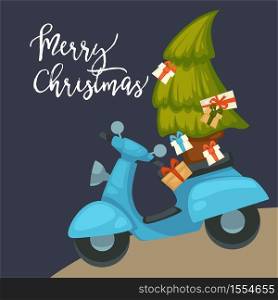 Moped or scooter carrying gifts and Xmas tree Merry Christmas postcard vector vehicle or transport fir or spruce presents greeting card with lettering transportation celebration and congratulation.. Merry Christmas postcard moped carrying gifts and Xmas tree