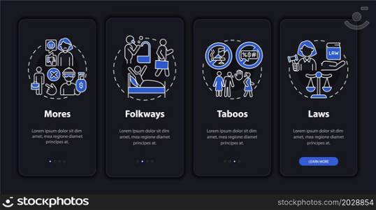 Moral norms onboarding mobile app page screen. Social behavior expectation walkthrough 5 steps graphic instructions with concepts. UI, UX, GUI vector template with linear night mode illustrations. Moral norms onboarding mobile app page screen