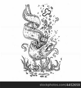 moray eel and treasure black and white illustration