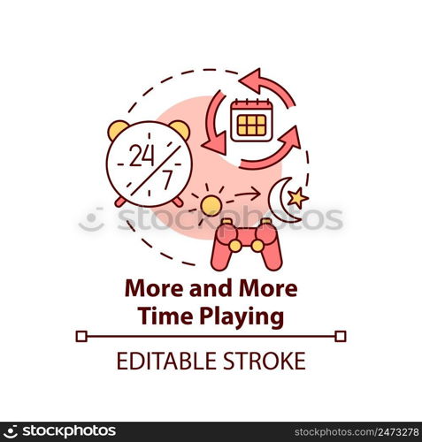 More and more time playing concept icon. Increasing term. Sign of game addiction abstract idea thin line illustration. Isolated outline drawing. Editable stroke. Arial, Myriad Pro-Bold fonts used. More and more time playing concept icon