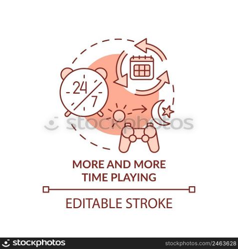 More and more time playing terracotta concept icon. Sign of game addiction abstract idea thin line illustration. Isolated outline drawing. Editable stroke. Arial, Myriad Pro-Bold fonts used. More and more time playing terracotta concept icon