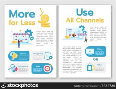 More for less brochure template. Use all channels. Flyer, booklet, leaflet concept with flat illustrations. Vector page cartoon layout for magazine. advertising invitation with text space. More for less brochure template