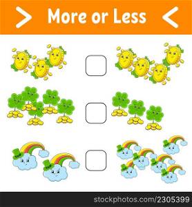 More or less. Educational activity worksheet for kids and toddlers. Isolated color vector illustration in cute cartoon style. St. Patrick’s day.